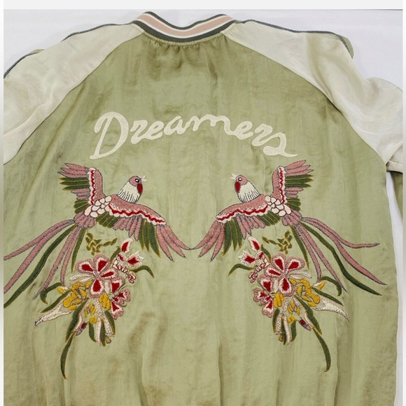Zara Trafaluc Bomber Jacket Womens Green Satin w Embroidered Birds Dreamers - Picture 2 of 8